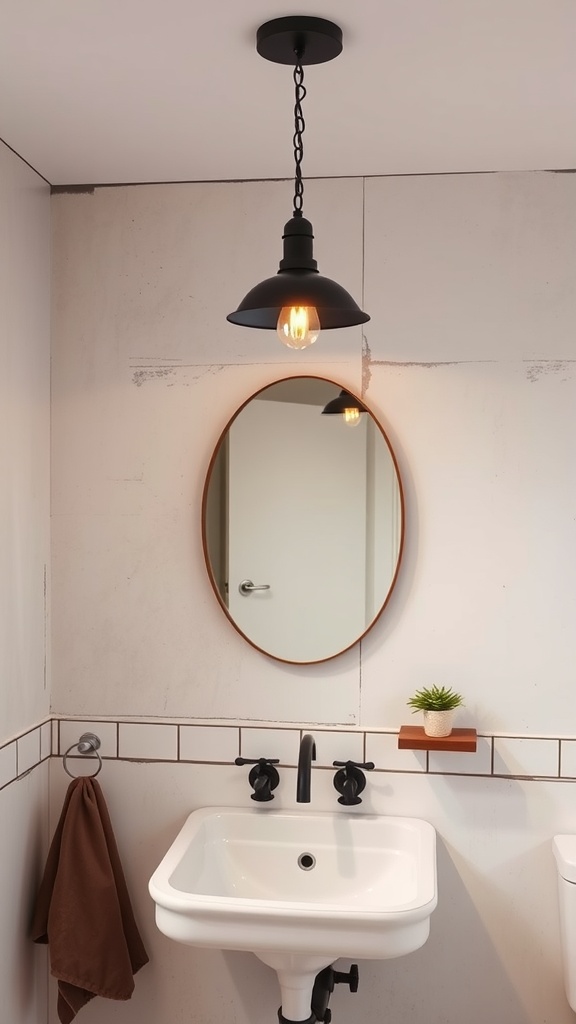 Industrial pendant light in a modern rustic bathroom setting