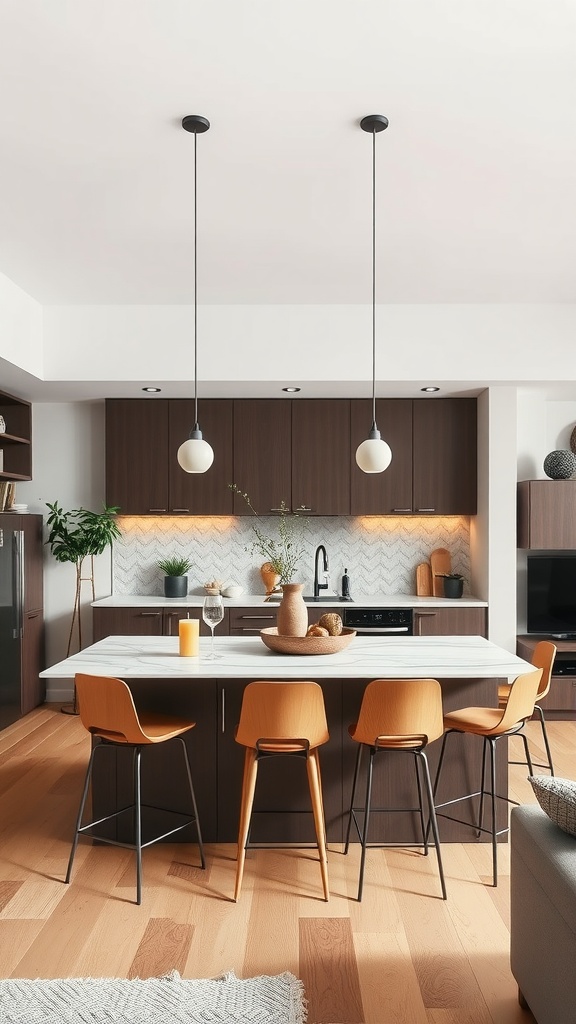 Modern kitchen with a stylish island, warm-toned stools, and elegant lighting