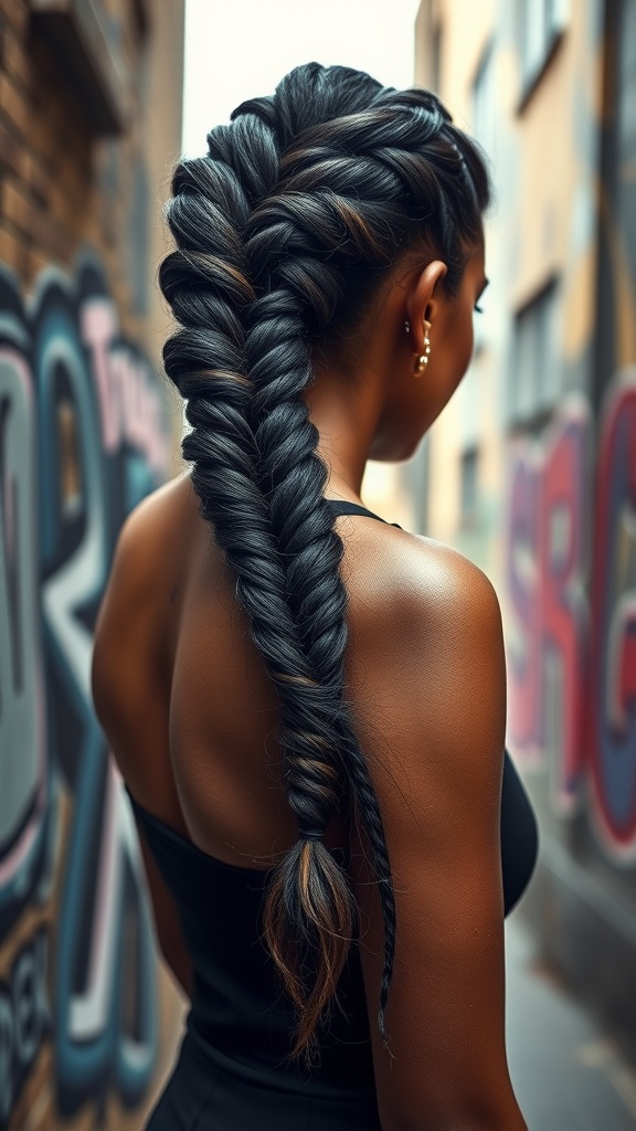 A woman with a stylish knotted braid, showcasing an intricate hair design against a vibrant graffiti backdrop.