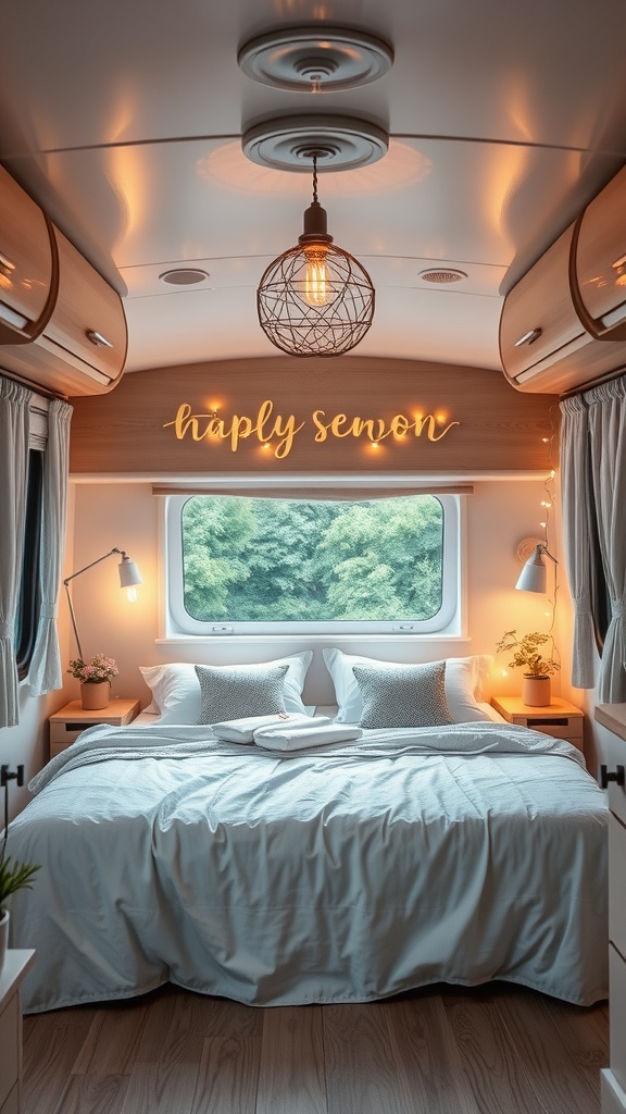 Cozy RV interior with stylish lighting, including a pendant light and bedside lamps.
