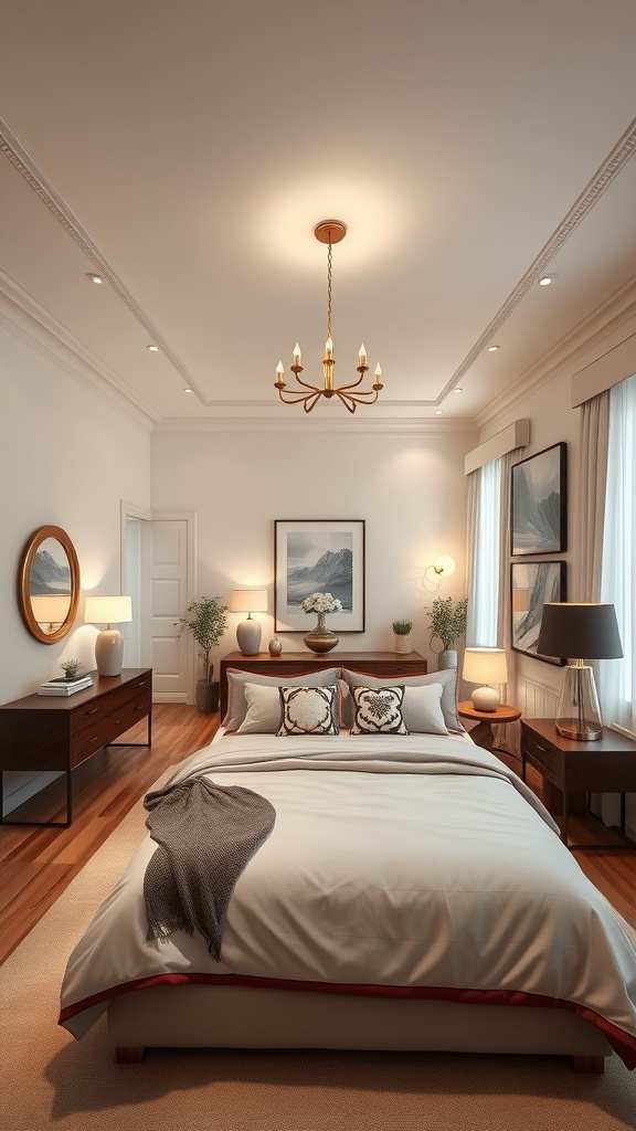 A stylish bedroom with a chandelier and warm lighting, featuring a cozy bed and elegant decor.