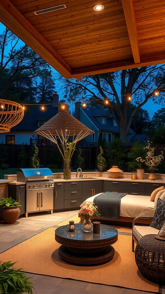 An outdoor kitchen with stylish lighting, featuring string lights and recessed ceiling lights, creating a cozy evening atmosphere.