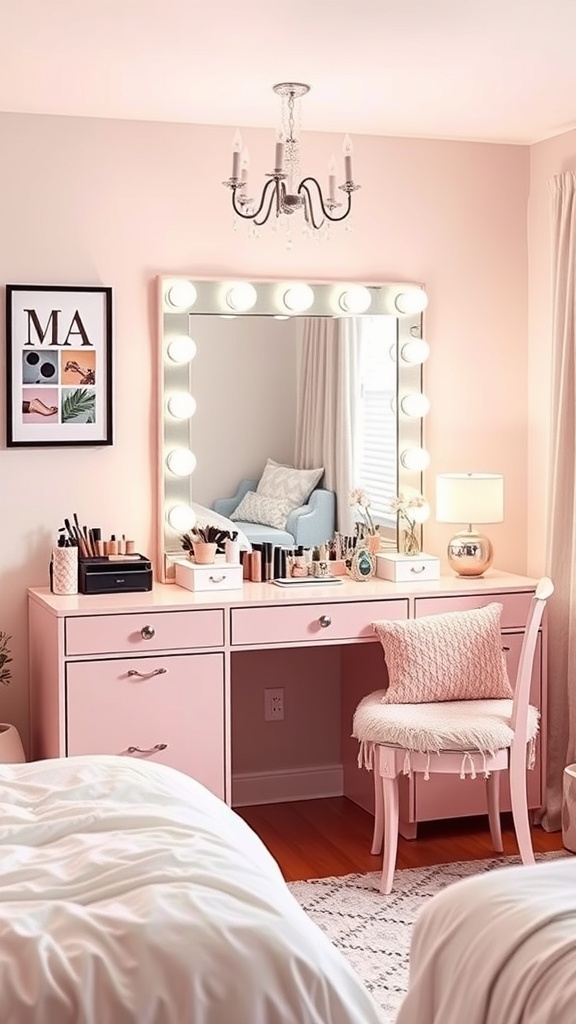 A stylish pink makeup vanity with a large mirror and bright bulbs, organized makeup products, and a cozy chair.