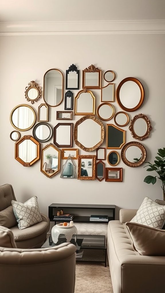 A stylish arrangement of various mirrors in different shapes and colors on a wall, with cozy seating in the foreground.