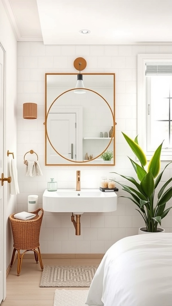 A modern bathroom featuring a stylish round mirror with a gold frame, a white sink, and a green plant.