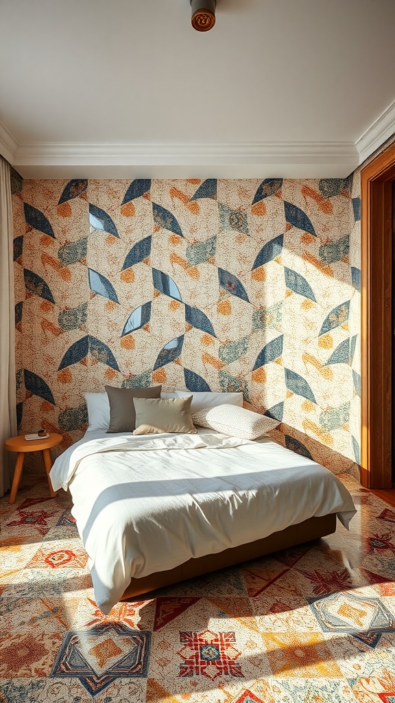 A bedroom featuring stylish mosaic tiles on the floor and a patterned wall.
