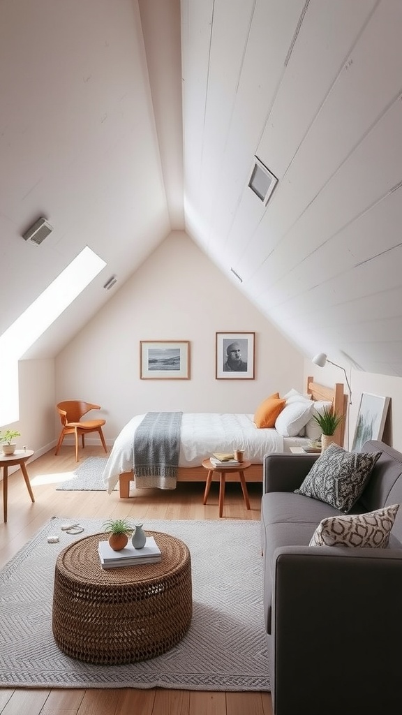 A cozy attic bedroom with a bed, sofa, and stylish decor