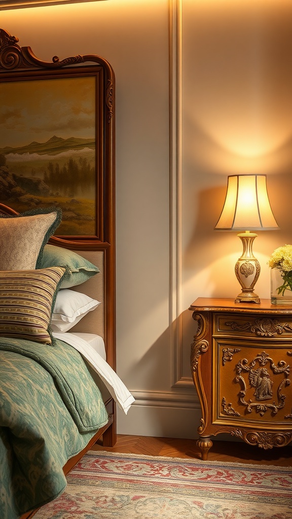 A luxurious bedroom with an intricately designed nightstand and soft lamp, featuring elegant bedding and a cozy atmosphere.