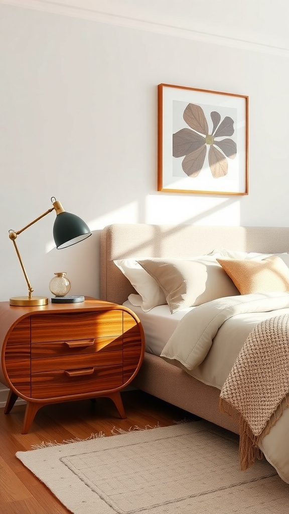 Mid-century modern bedroom featuring a stylish nightstand with curved edges, a lamp, and decorative items.