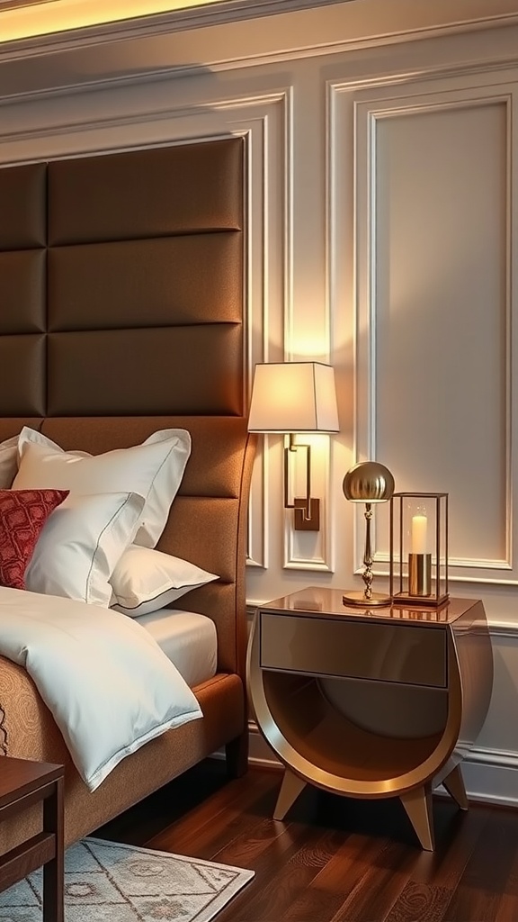 A stylish nightstand with a glossy design, paired with a lamp and candle, beside a cozy bed.