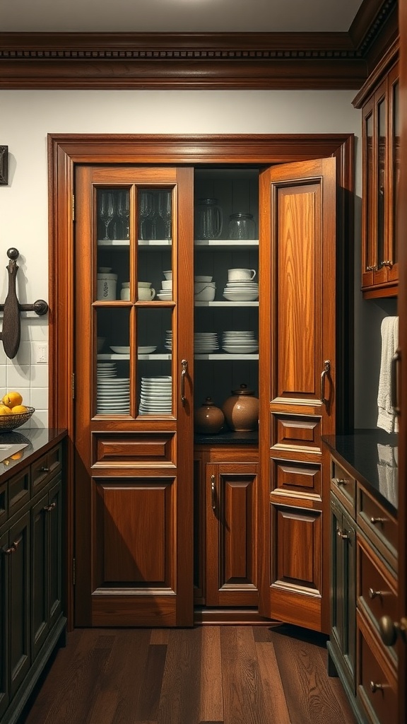 A stylish pantry with wooden double doors revealing organized dishes and jars inside.