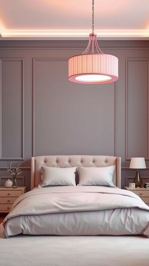 A stylish pink lighting fixture in a grey bedroom with a tufted bed and bedside lamps.