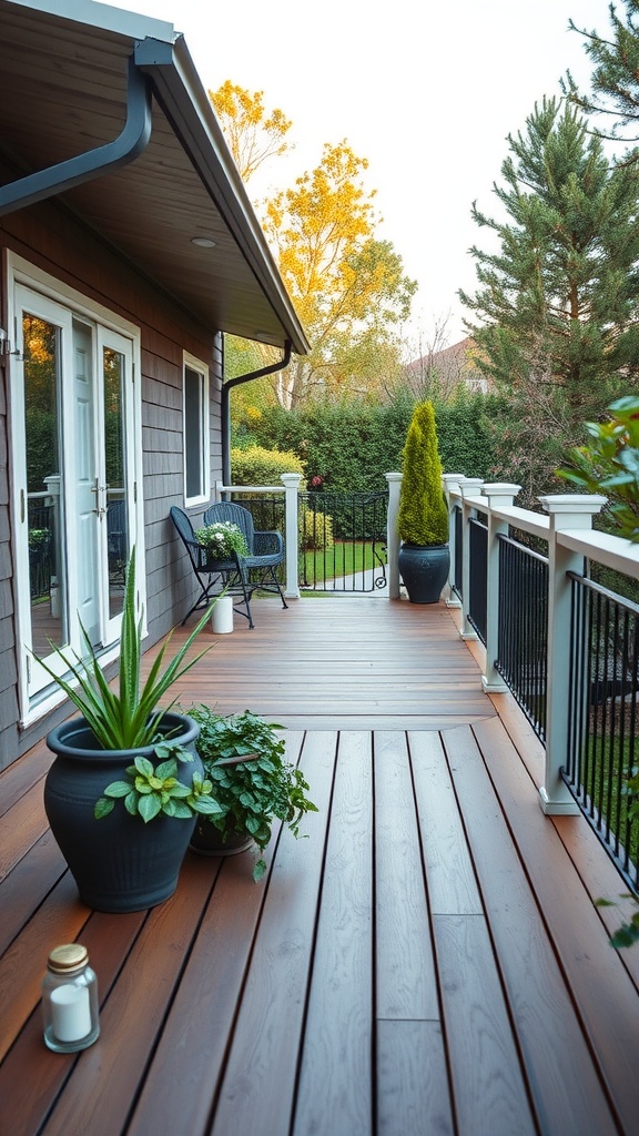 A backyard deck featuring sleek black railings, wooden flooring, and potted plants, with a view of greenery.