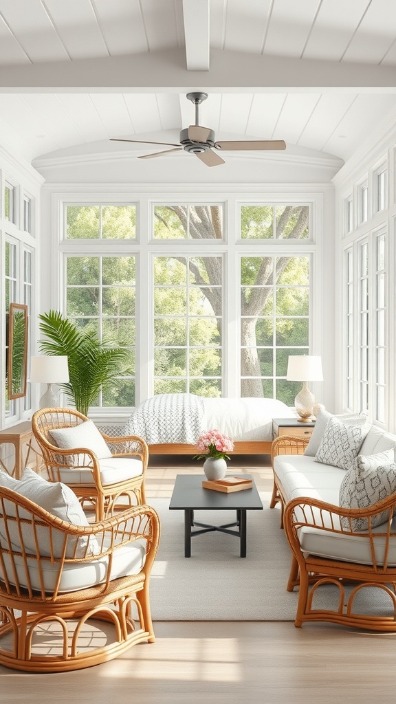 A sunroom with stylish rattan furniture, featuring chairs, a sofa, and a coffee table, surrounded by large windows.