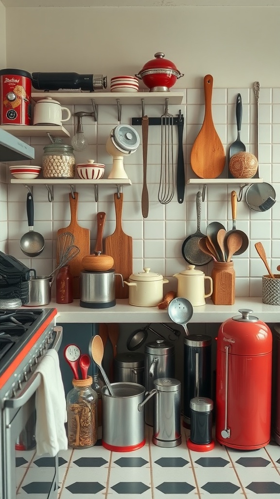 A retro kitchen showcasing colorful utensils and gadgets on display.