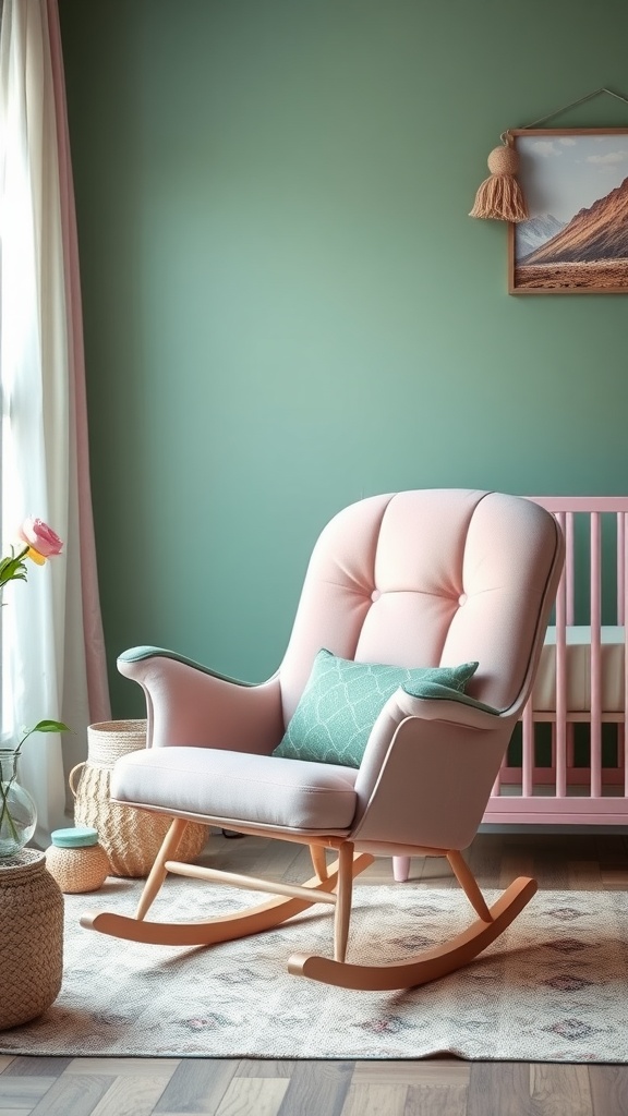 A stylish rocking chair in pastel shades of pink and green, set in a nursery with a calming atmosphere.