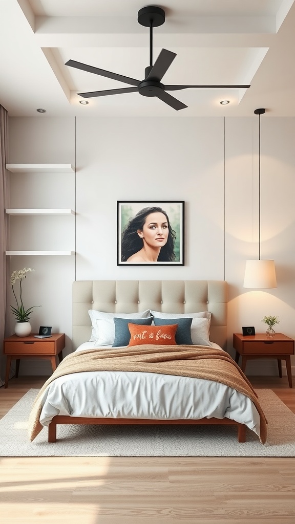 A stylish small bedroom with a bed, decorative pillows, and a modern ceiling fan.