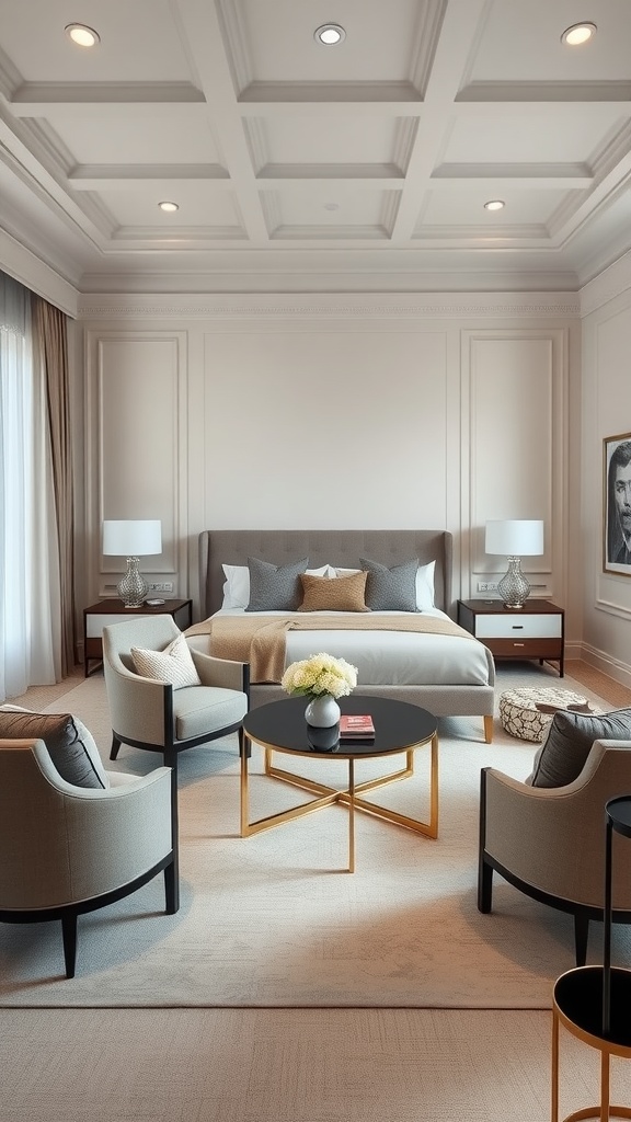 A luxury master bedroom featuring stylish seating areas with modern chairs and a round coffee table.