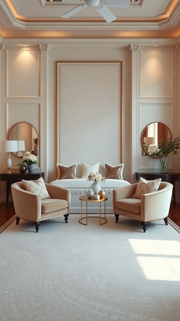 Stylish seating area in a luxury master bedroom featuring two armchairs and a small table.