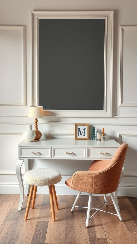 A modern dressing table setup featuring a stylish white table with two seating options: a fluffy stool and an orange chair.