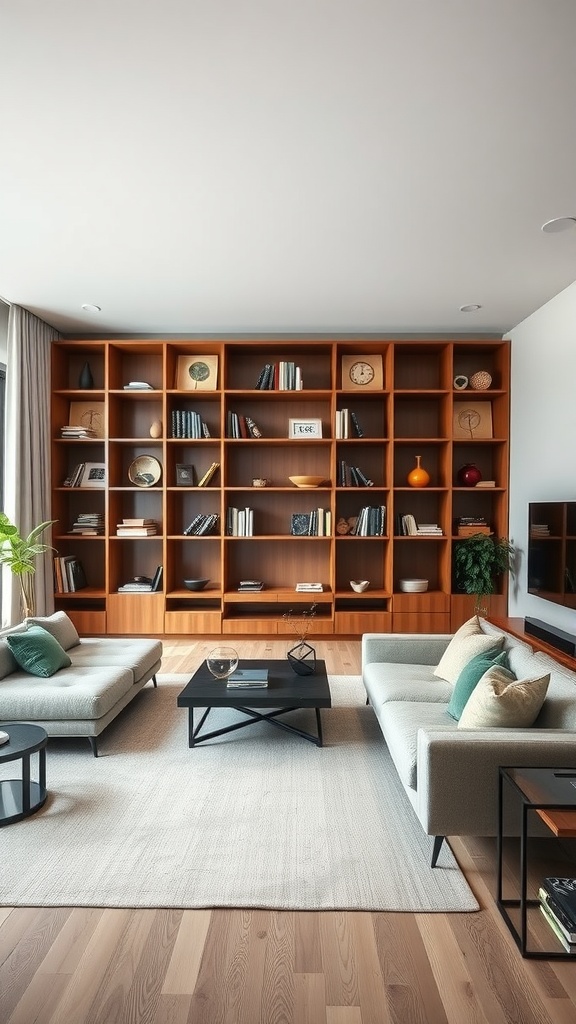 Stylish living room with modern wooden shelving unit dividing the space and displaying books and decor.
