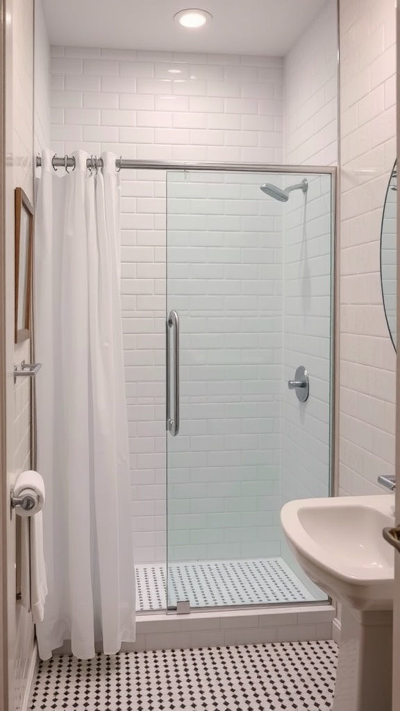 A modern bathroom featuring a glass shower enclosure and a simple white shower curtain