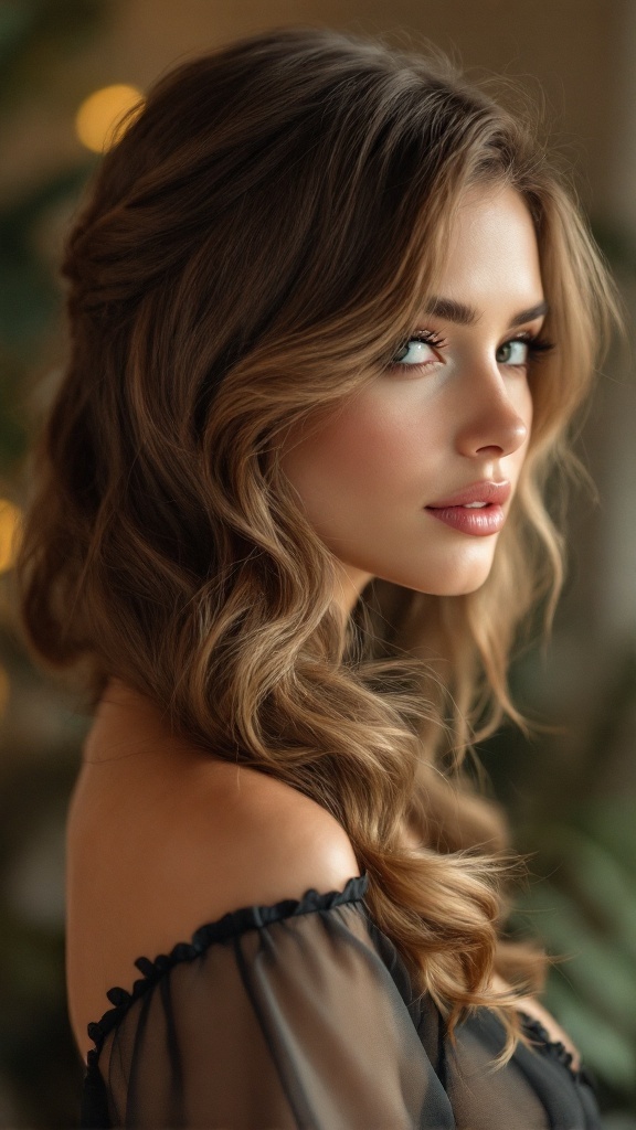 A woman with stylish side-swept hair, featuring soft curls and a natural look.