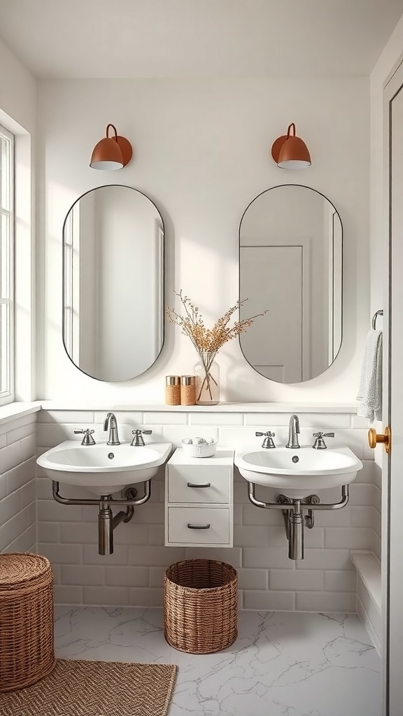 A stylish Jack and Jill bathroom with two sinks, mirrors, and warm-toned decor.