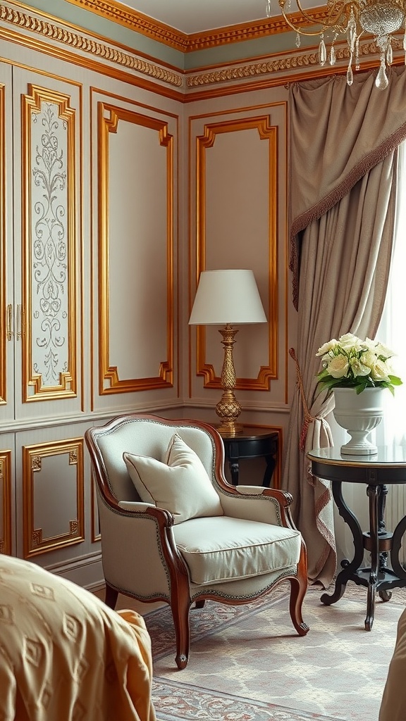 Stylish sitting area in a luxurious bedroom featuring a chair, side table, lamp, and floral arrangement.