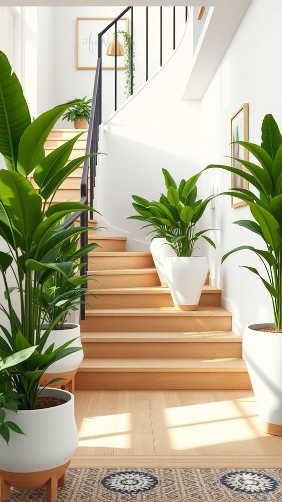 Stylish staircase with large green plants in white pots
