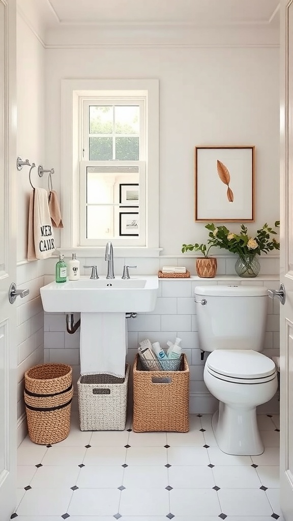 A small bathroom featuring stylish woven storage bins for organization.