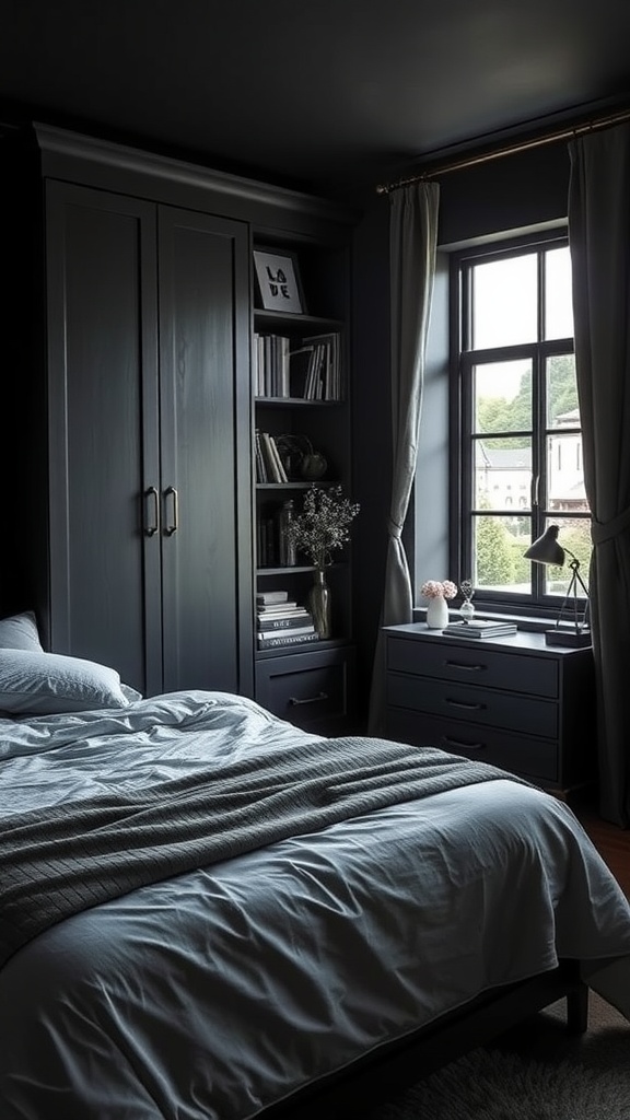 A cozy dark bedroom featuring stylish storage solutions with a large closet, nightstand, and shelves.