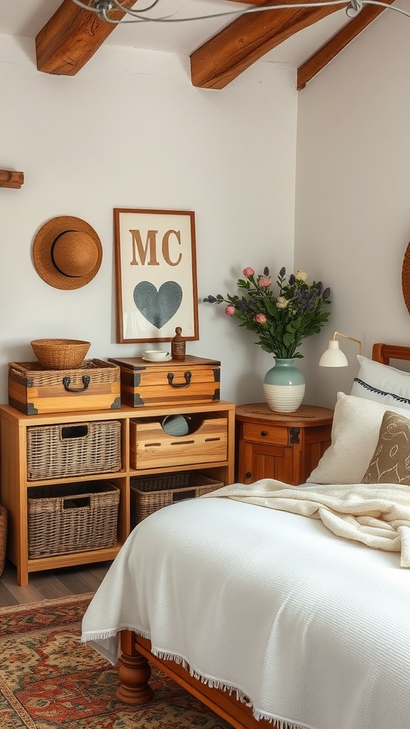 A rustic bedroom featuring stylish storage solutions, including a wooden storage unit with woven baskets, decorative hats on the wall, and a cozy bed.
