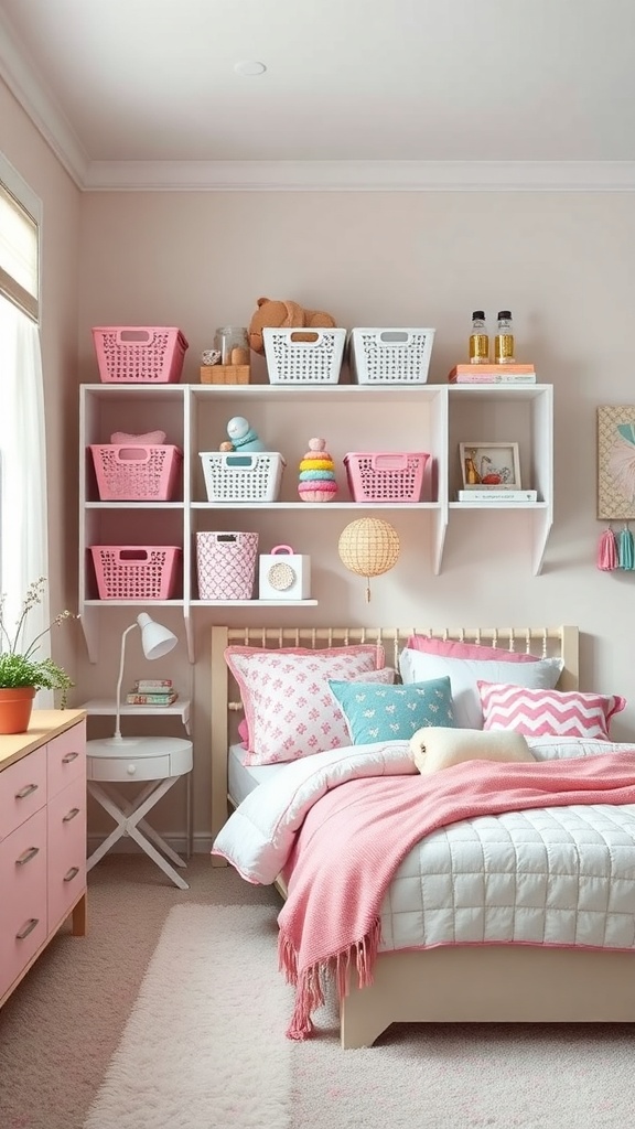 A stylish tween girl's bedroom featuring colorful storage baskets on shelves, a cozy bed with decorative pillows, and a pink dresser.