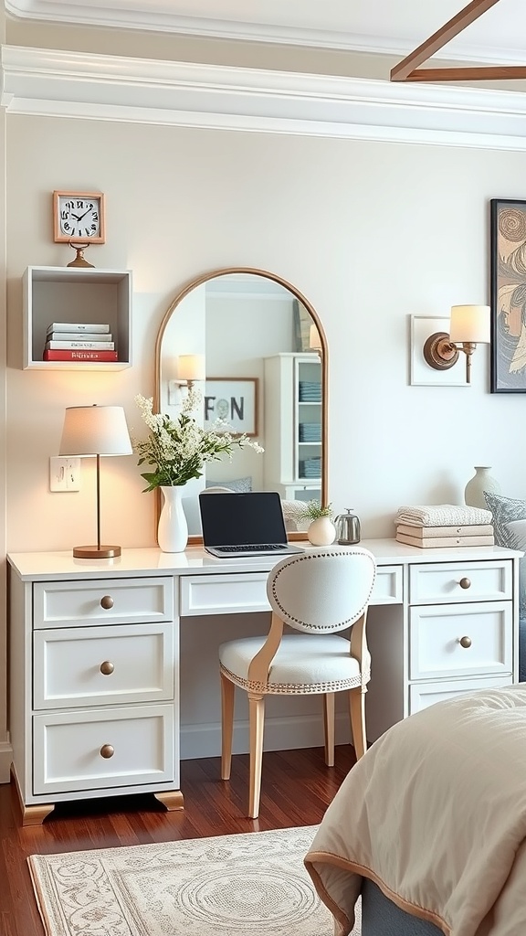 A stylish bedroom vanity and desk combo featuring a white desk with drawers, a round mirror, a lamp, and a cozy chair.
