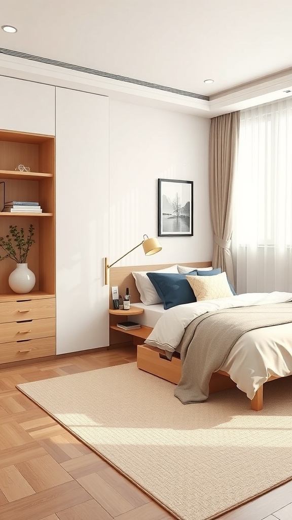 A stylish Korean bedroom featuring a minimalist design with light wood furniture, a cozy bed, and smart storage solutions.