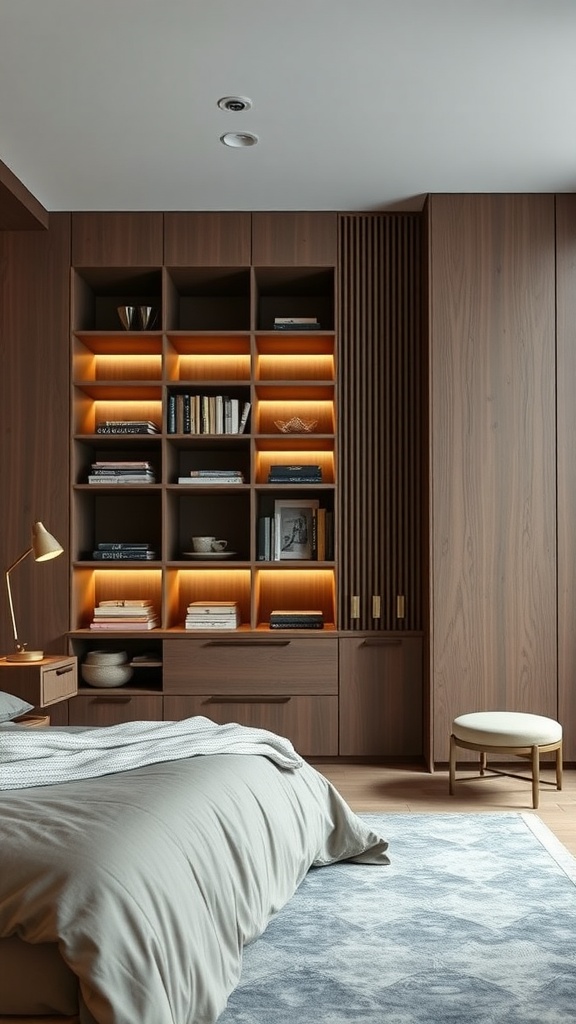 Stylish wooden bedroom storage with shelves and warm lighting