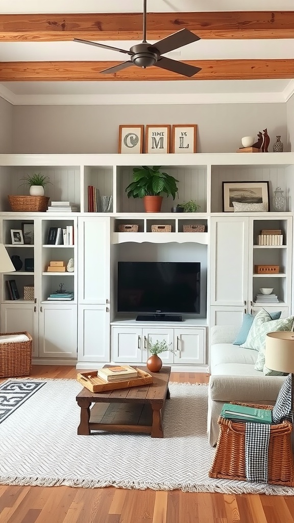 A stylish farmhouse living room featuring built-in shelving, a cozy sofa, and a rustic coffee table.