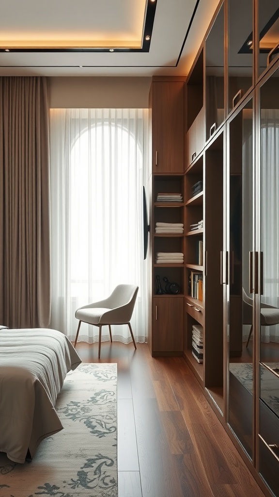 Stylish luxury bedroom with a wardrobe and shelves