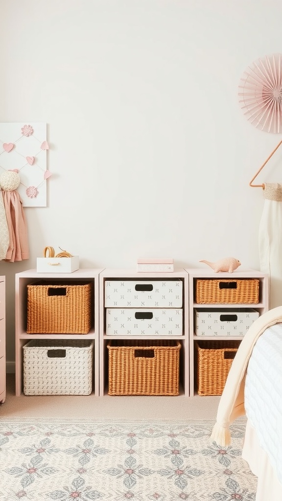A stylish girly room featuring pink storage solutions with woven baskets and decorative boxes.