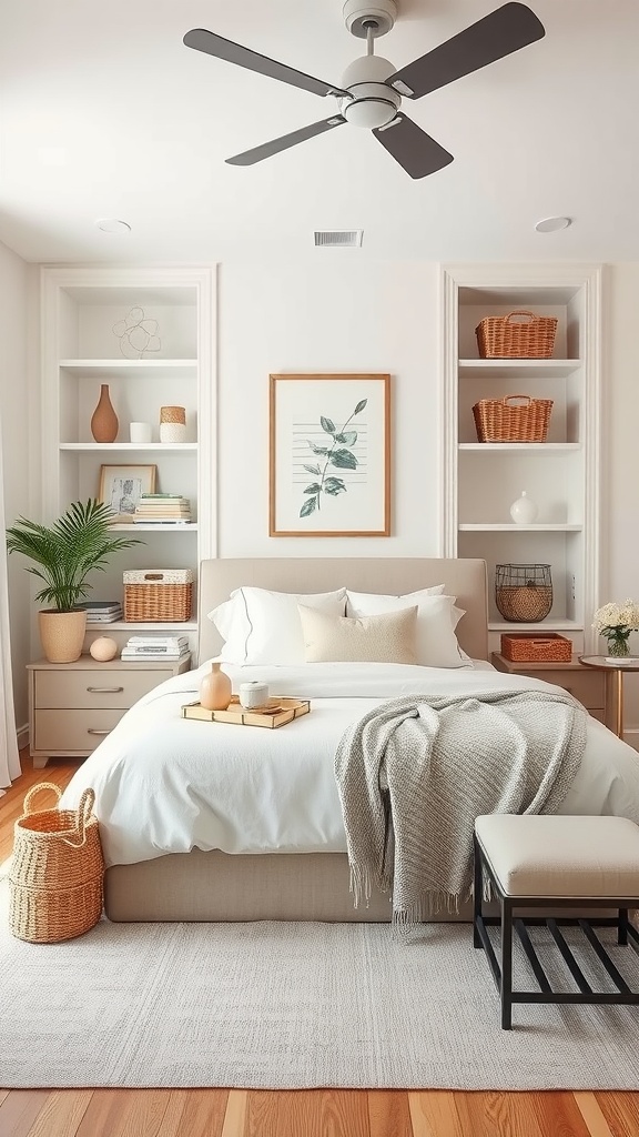 A stylish bedroom with a cozy bed, neutral decor, storage shelves, and a plant.
