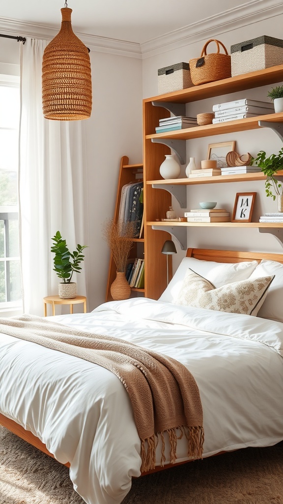 A Scandinavian boho bedroom featuring a wooden shelving unit, woven baskets, and a cozy bed.