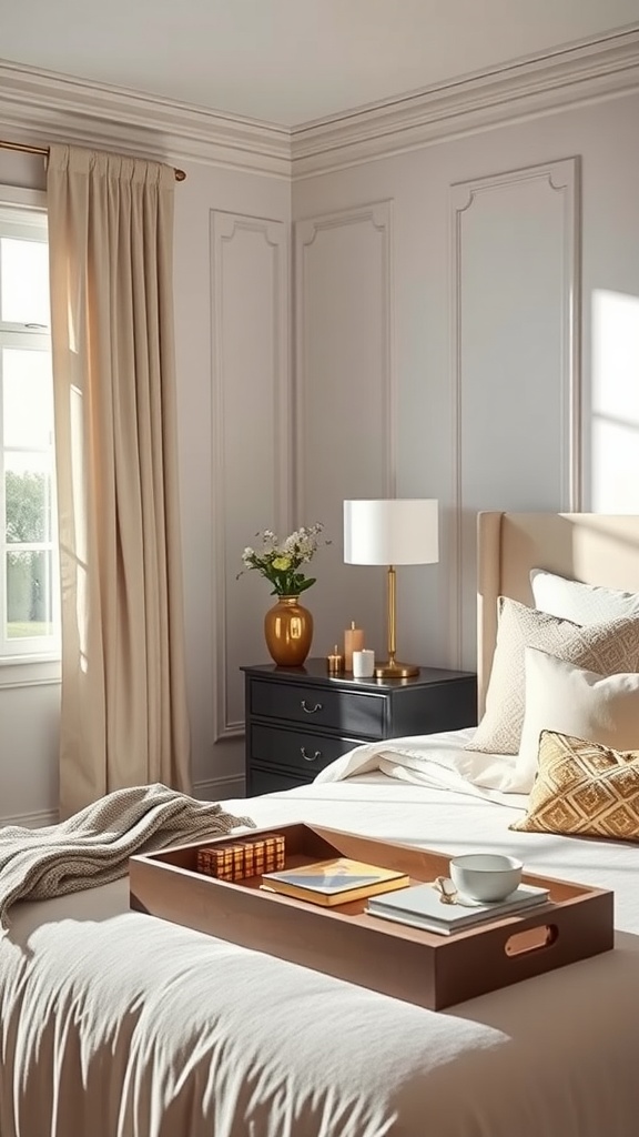 A stylish bedroom featuring a cozy bed with a wooden tray, decorative items on a nightstand, and soft curtains.