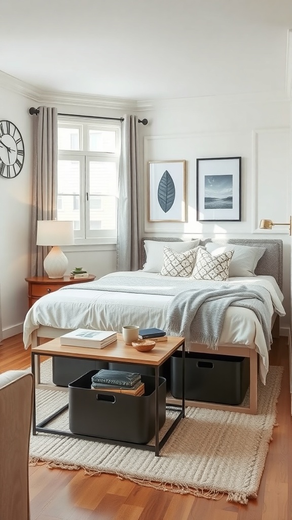 A cozy bedroom with a bed, stylish storage bins under the bed, and a table on top with decor items.