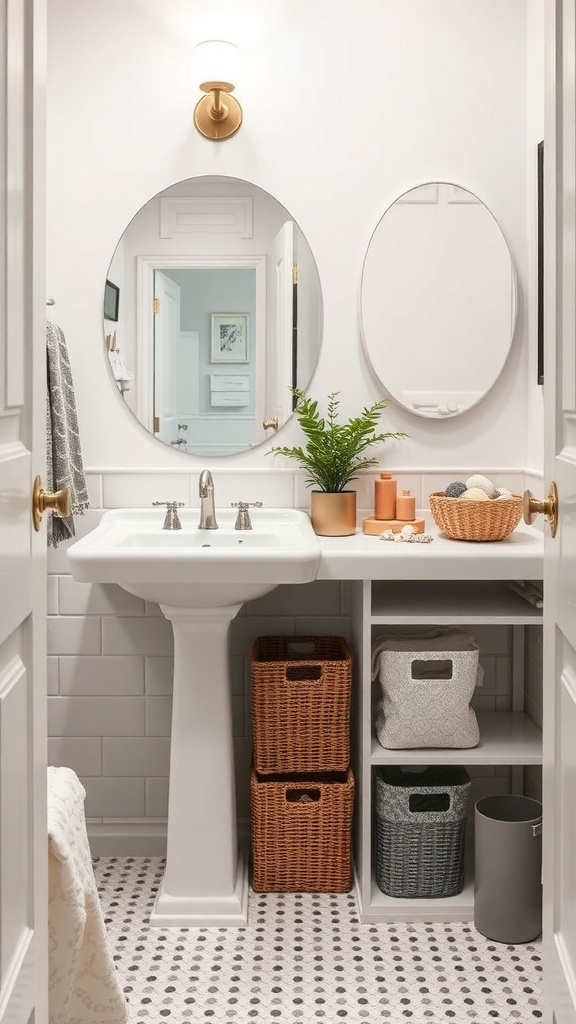 A modern small bathroom featuring stylish storage solutions under the sink with woven baskets and open shelving.