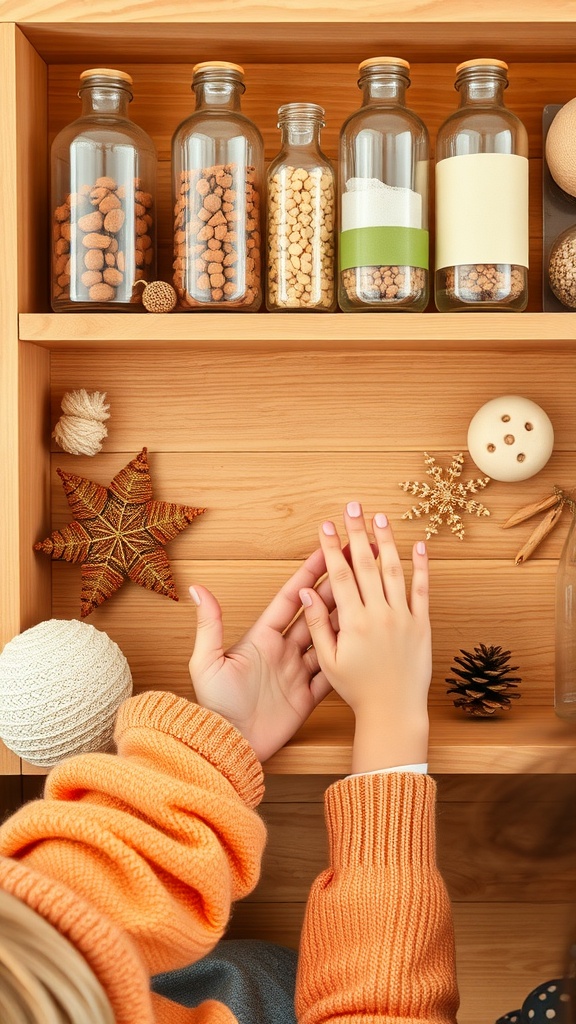 Glass bottles filled with colorful items on a wooden shelf, with hands interacting.