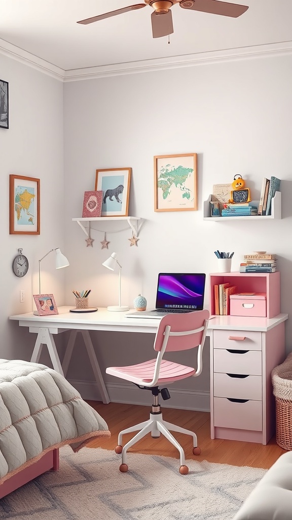 Stylish study area in a tween girl's bedroom featuring a white desk, pink chair, laptop, and colorful wall art.