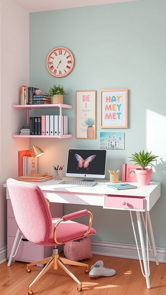 A stylish and cozy study corner featuring a white and pink desk, a comfortable chair, wall art, and plants.