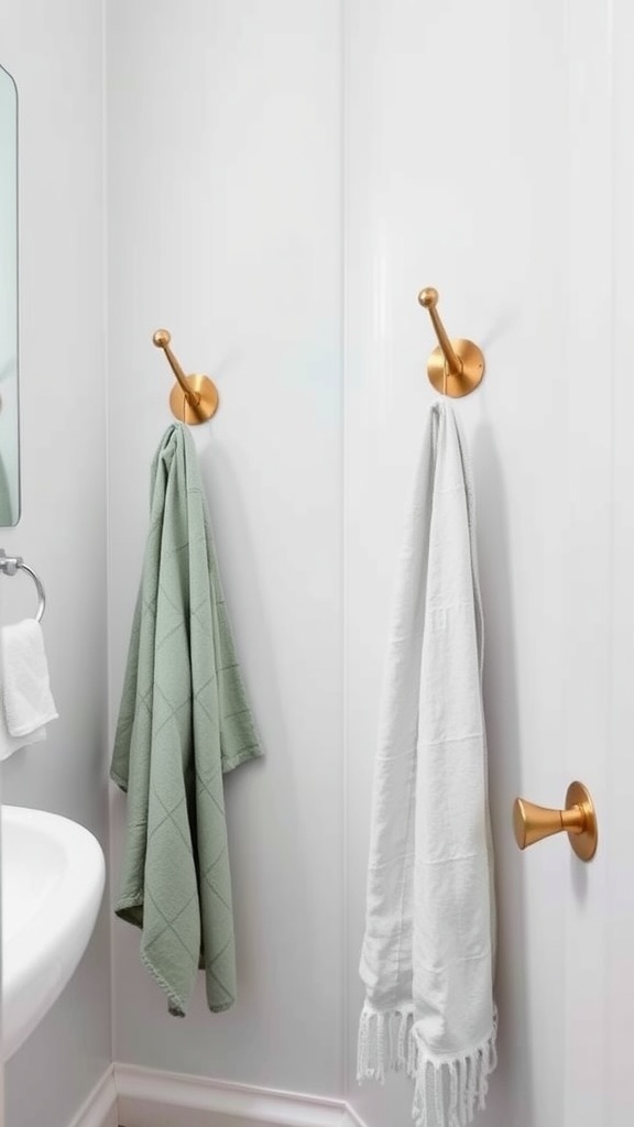 Stylish gold towel and robe hooks with two towels hanging in a modern bathroom