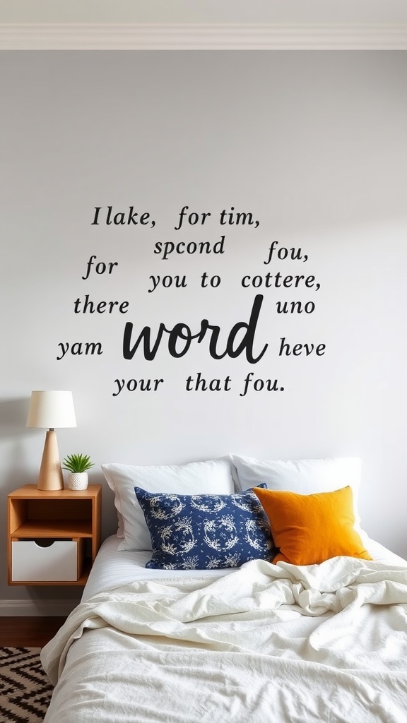 A cozy bedroom featuring a playful wall decal on the wall above a neatly made bed with decorative pillows and a bedside table.